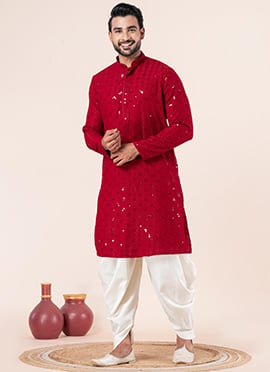 Majestic Red Cotton Silk Embroidered Kurta Pyjama