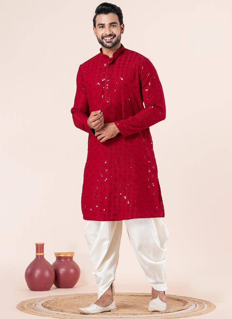 Majestic Red Cotton Silk Embroidered Kurta Pyjama Festive Wear