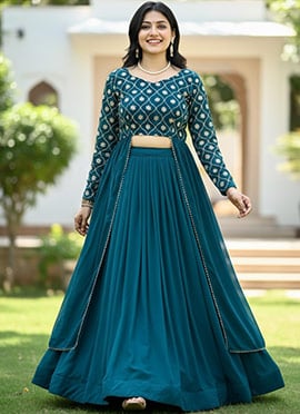Majestic Teal Blue Georgette Embroidered Indowestern Set and Suit