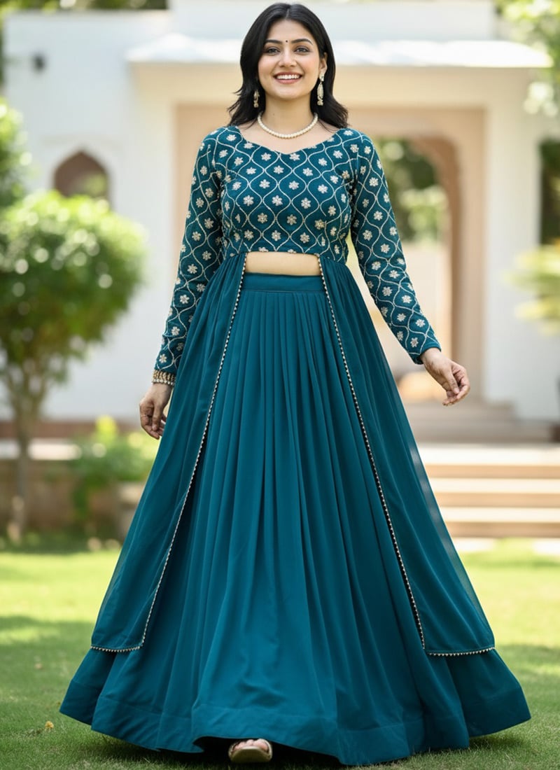 Majestic Teal Blue Georgette Embroidered Indowestern Set and Suit Wedding Wear