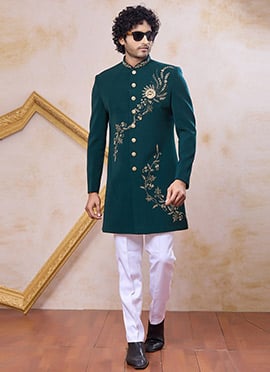 Majestic Teal Green Beads Stone Zardosi Hand Work Indowestern Sherwani