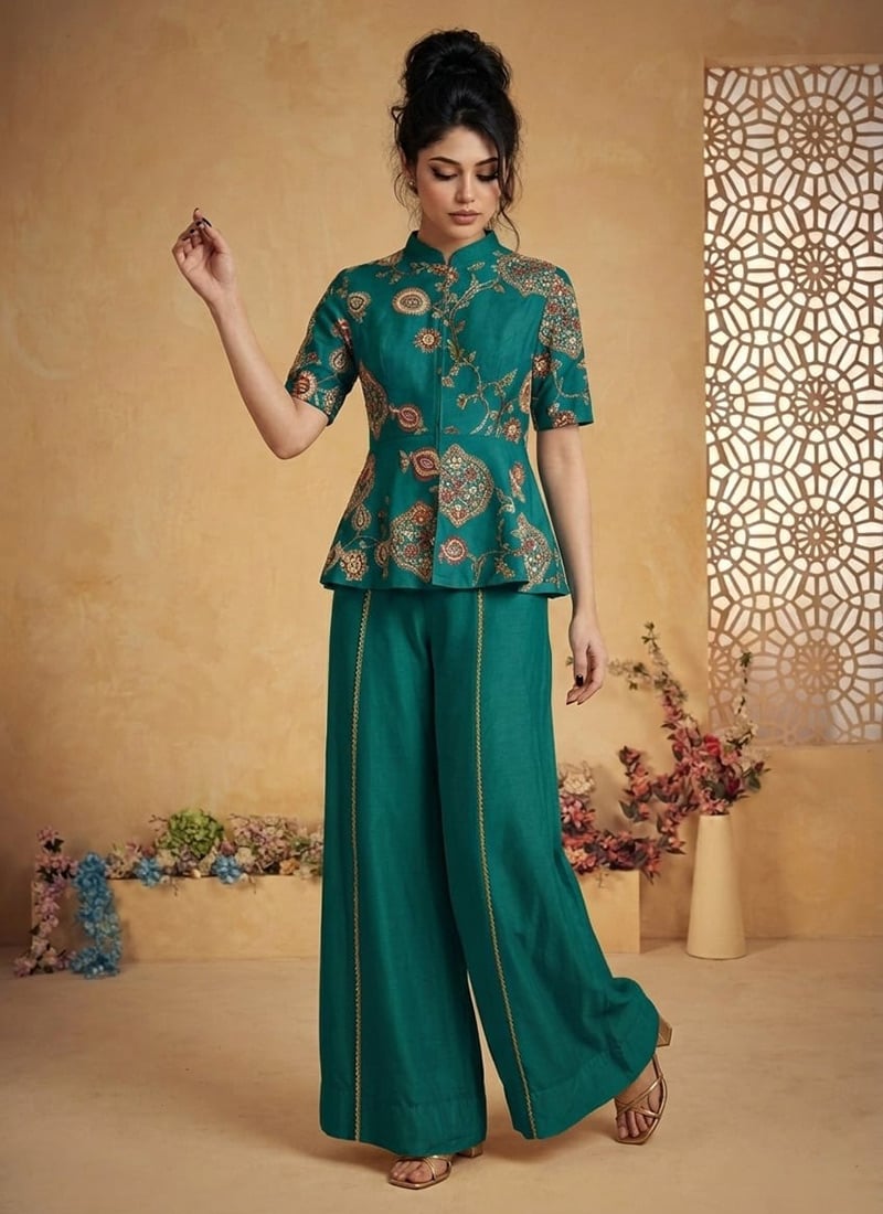 Majestic Teal Silk Zari Resham Embroidered Indowestern Set And Suit Wedding Wear