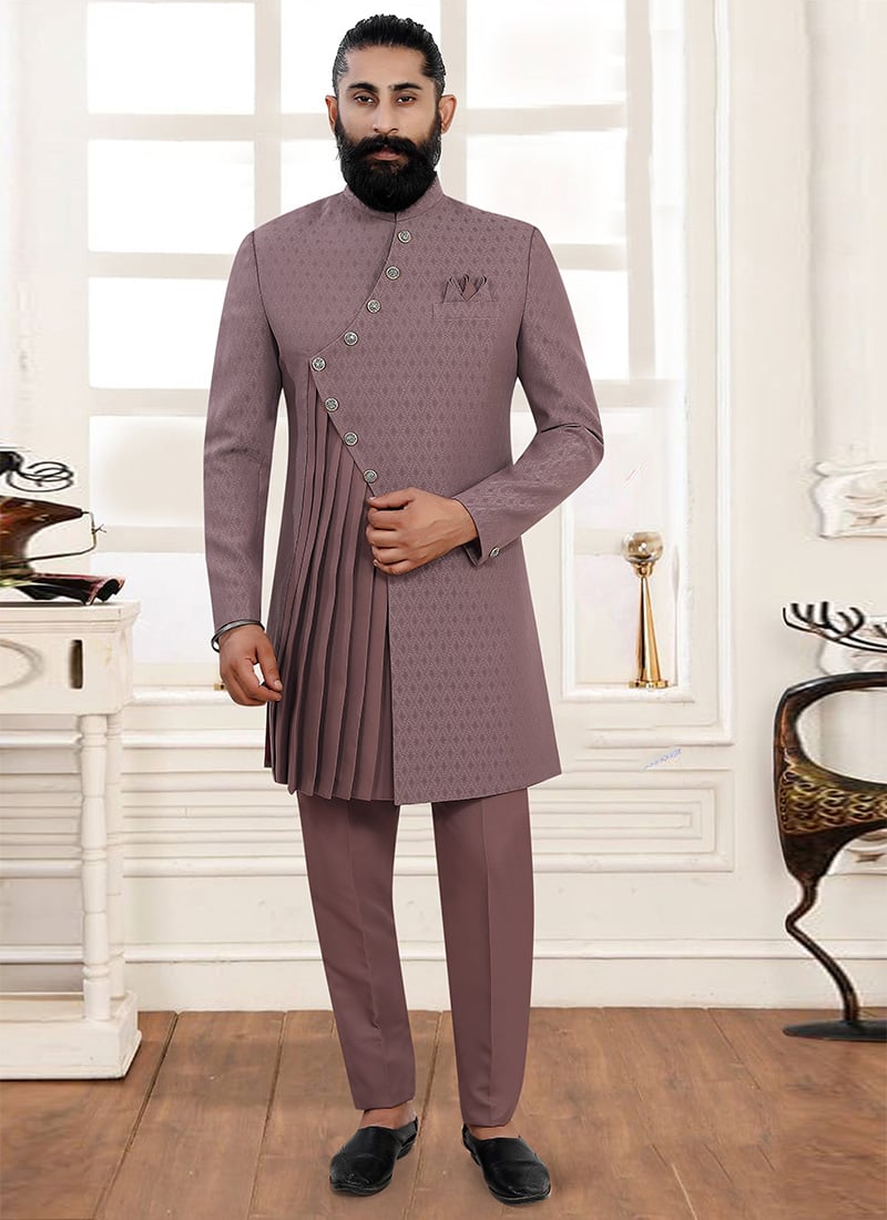 Majestic Wine Jacquard Indowestern Sherwani Wedding Wear