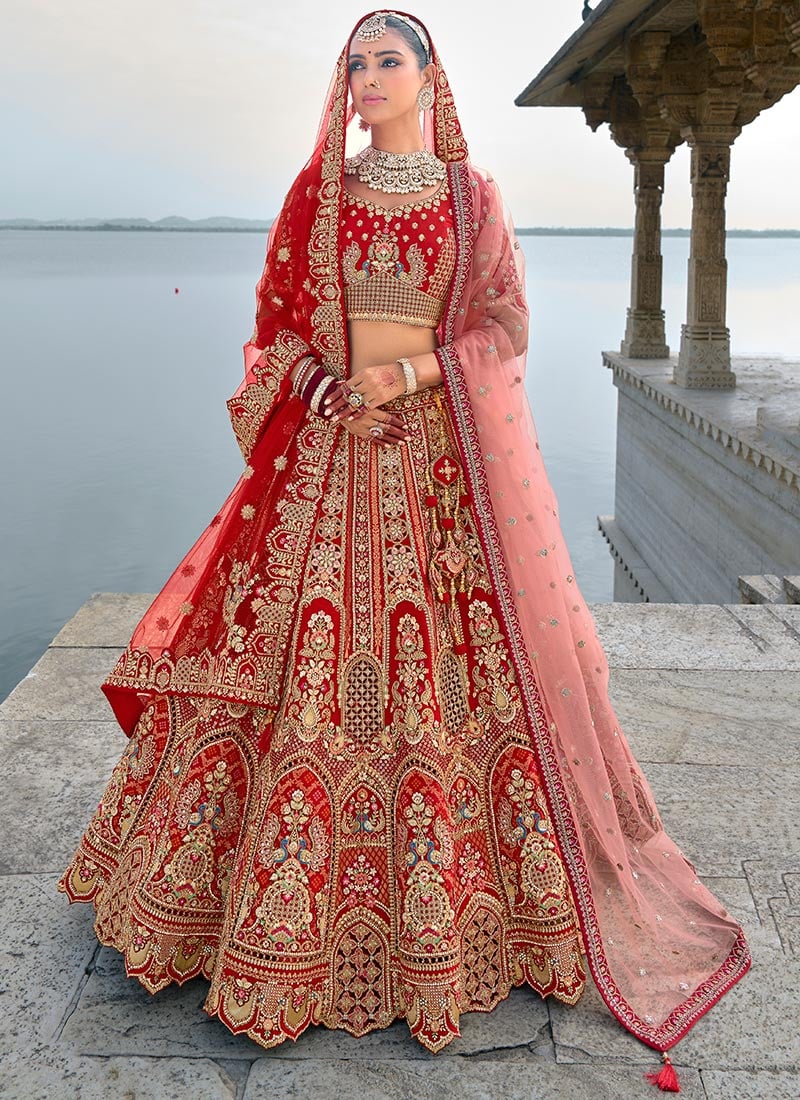 Make A Statement With Maroon Silk Stone Sequins Zari Embroidered Lehenga Wedding Wear