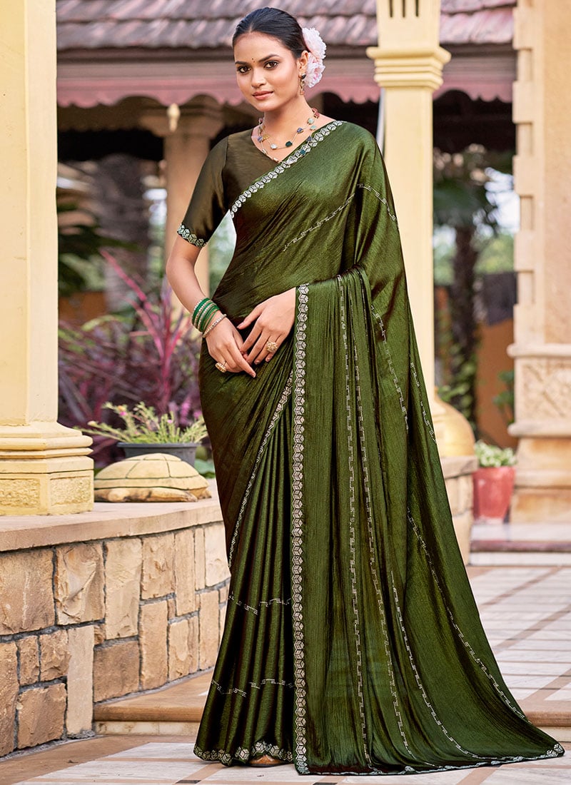 Make A Statement With Olive Shimmer Chiffon Stone Embossed Saree Festive Wear