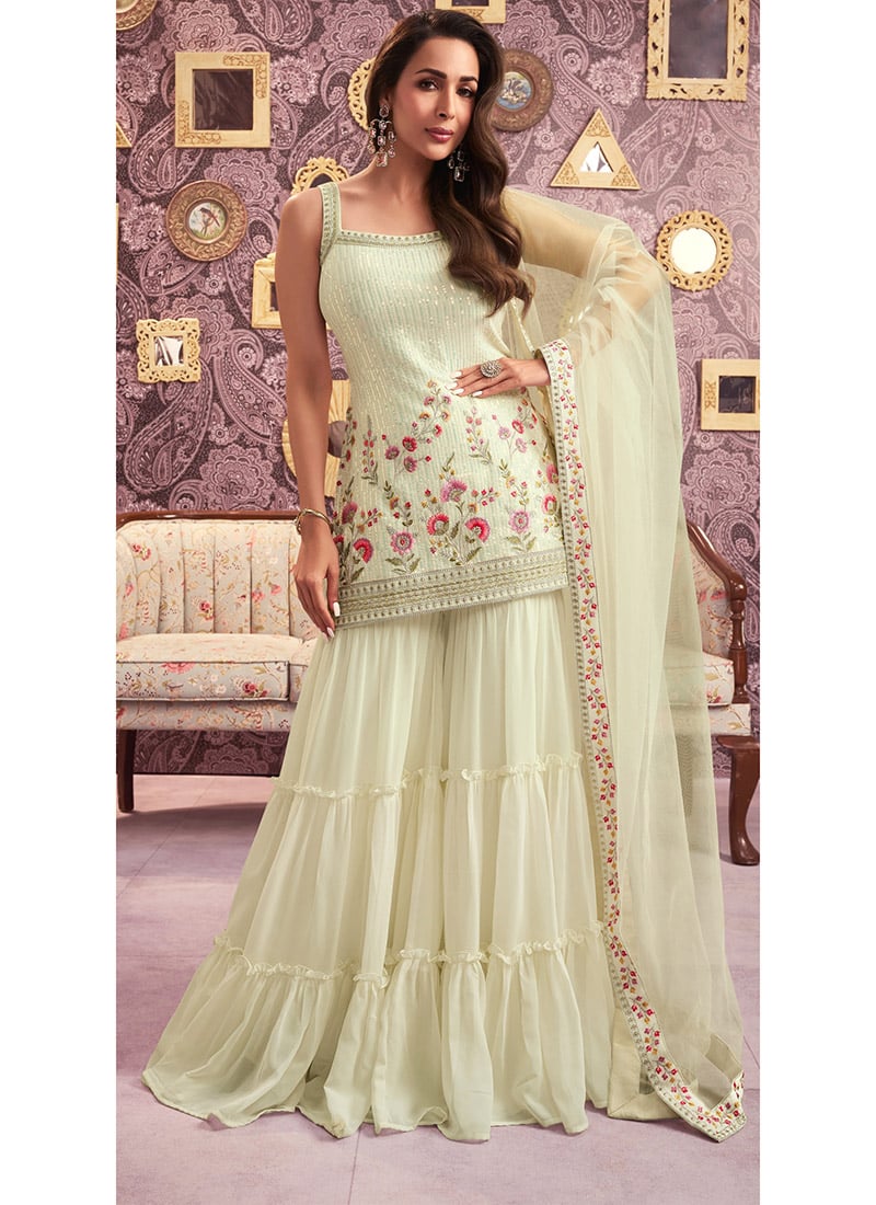Malaika Arora Cream Georgette Embroidered Sequins Palazzo Suit Festive Wear