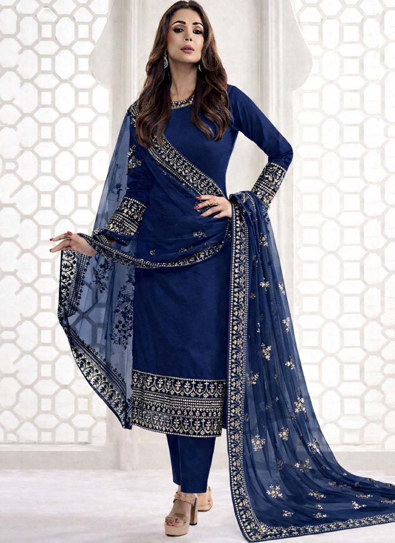 Malaika Arora Graceful Blue Chanderi Embroidered Sequins Straight Pant Suit After Six Wear
