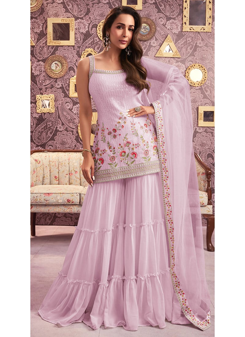 Malaika Arora Pink Georgette Embroidered Sequins Palazzo Suit Festive Wear