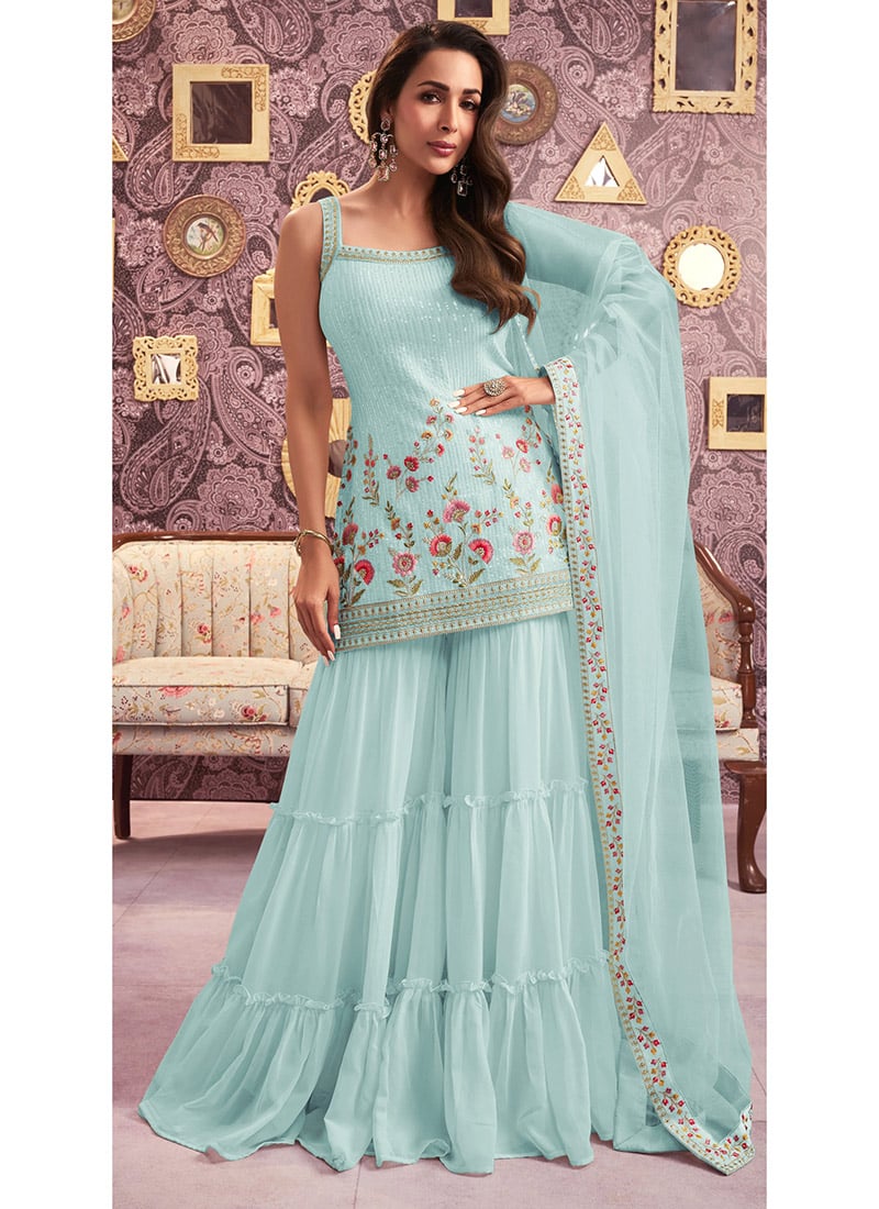 Malaika Arora Sky Blue Georgette Embroidered Sequins Palazzo Suit Festive Wear