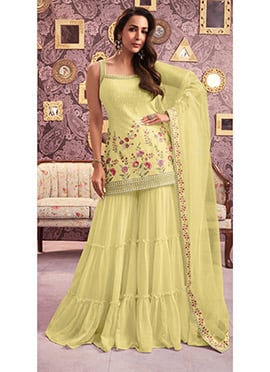 Malaika Arora Yellow Georgette Embroidered Sequins Palazzo Suit