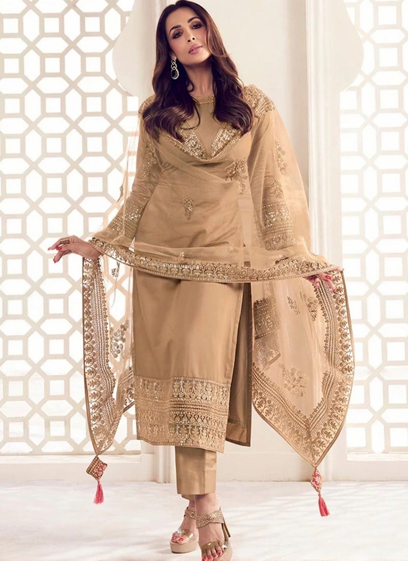 Malaika AroraCharming Beige Chanderi Embroidered Sequins Straight Pant Suit After Six Wear