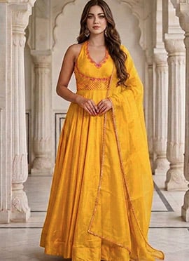 Marigold Yellow Silk Zari Resham Embroidered Anarkali Suit