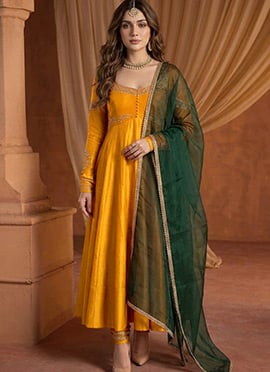 Marigold Yellow Silk Zari Sequins Embroidered Anarkali Suit