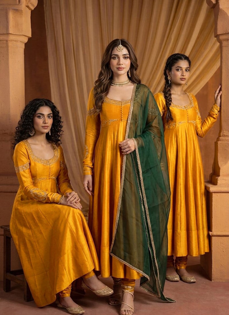 Marigold Yellow Silk Zari Sequins Embroidered Anarkali Suit Festive Wear
