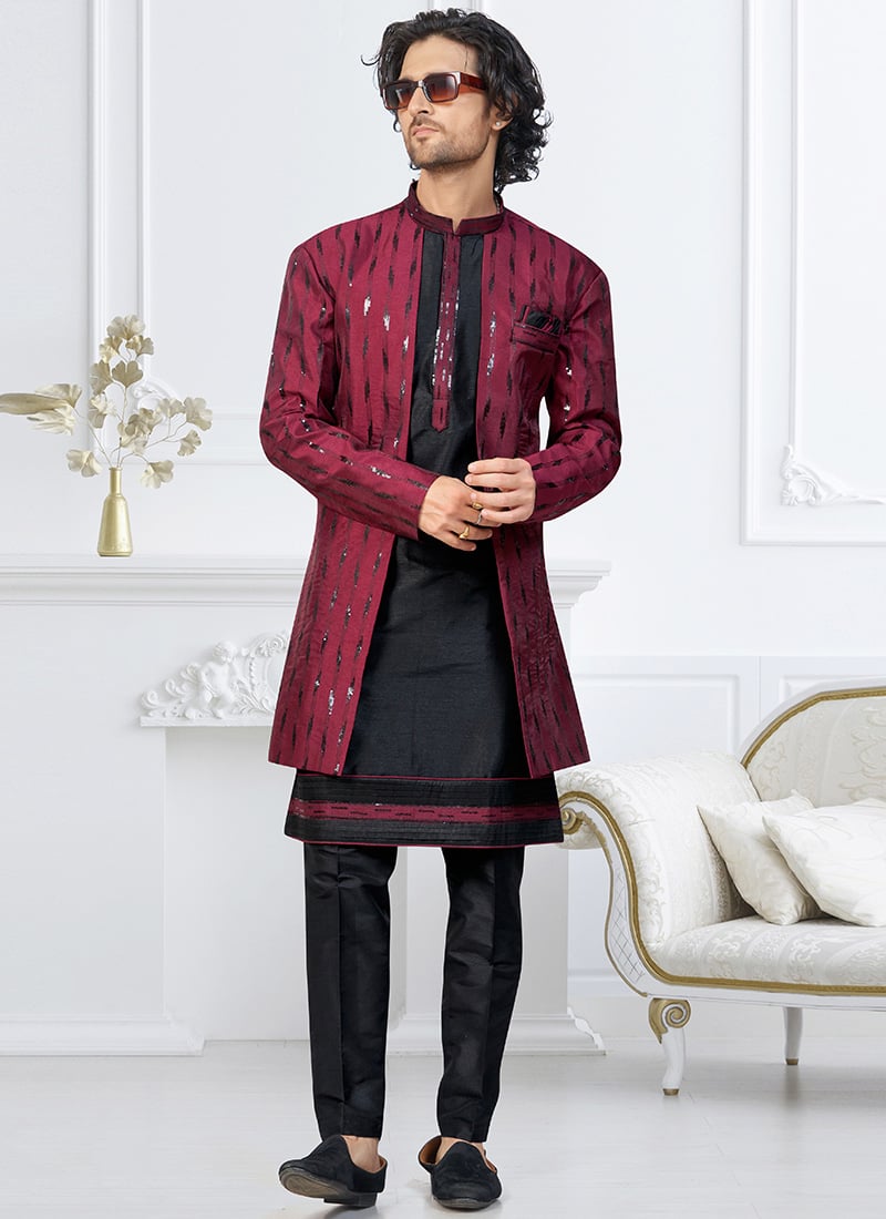 Maroon  Black Banarasi Silk Sequins Indowestern Sherwani Festive Wear