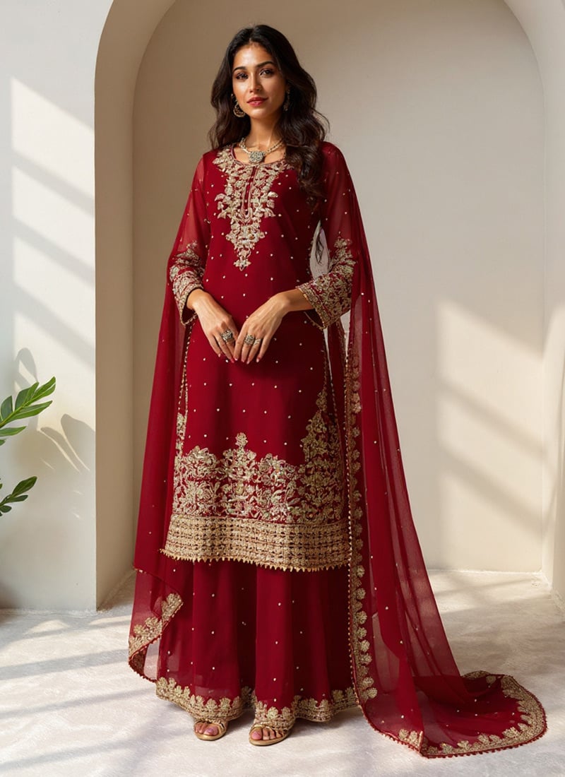 Maroon Faux Georgette Embroidered Sequins With Moti Work Palazzo Suit Festive Wear
