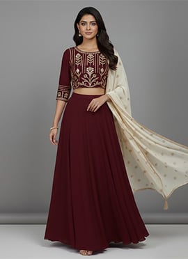 Maroon  Faux Georgette Zari Sequins Hand Embroidered Lehenga Set