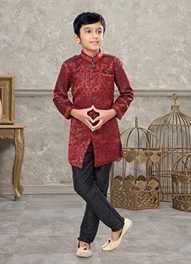 Maroon And Black Art Silk Jacquard Indowestern Sherwani