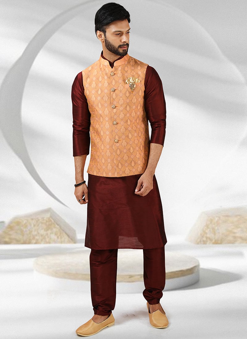 Maroon Art Banarasi Silk Jacquard Bandi Set