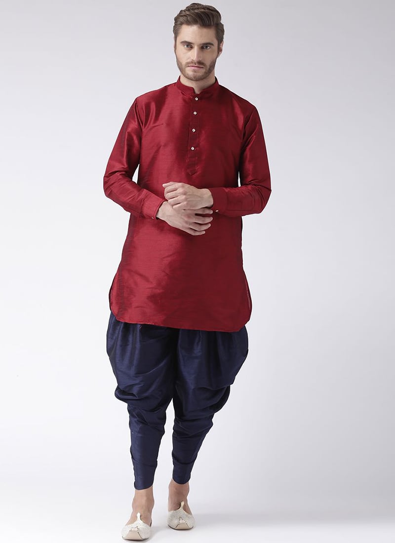 Maroon Art Dupion Silk Dhoti Kurta Set Party Wear