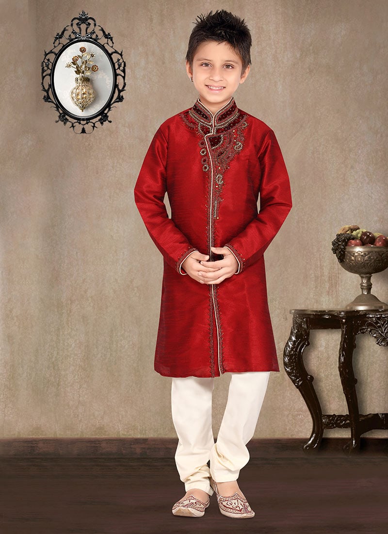 Maroon Art Dupion Silk Kids Kurta Pyjama