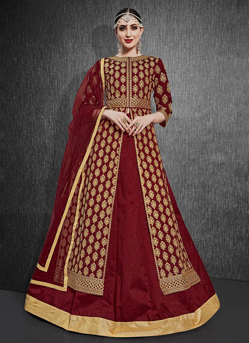 Maroon Art Silk Anarkali A Line Lehenga Party Wear