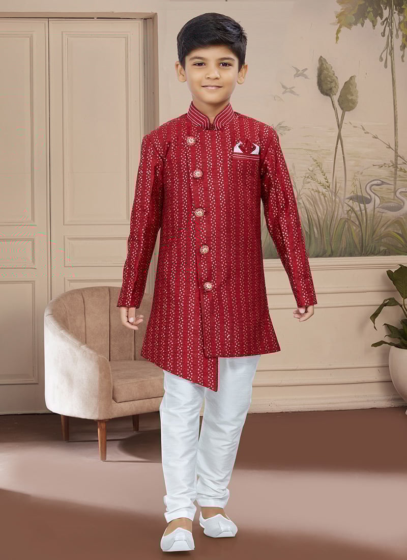 Maroon Art Silk Embroidered Indowestern Sherwani For Boys Festive Wear