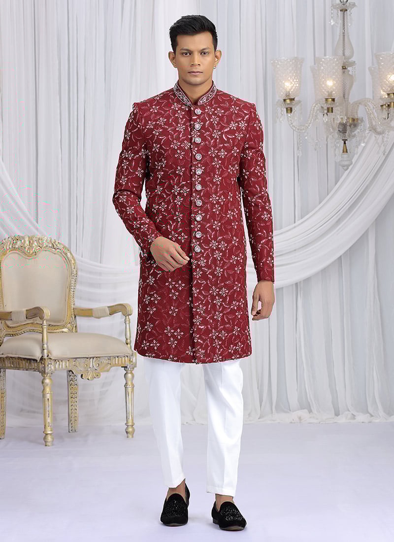 Maroon Art Silk Embroidered Sequins Beads Zari Indowestern Sherwani Wedding Wear