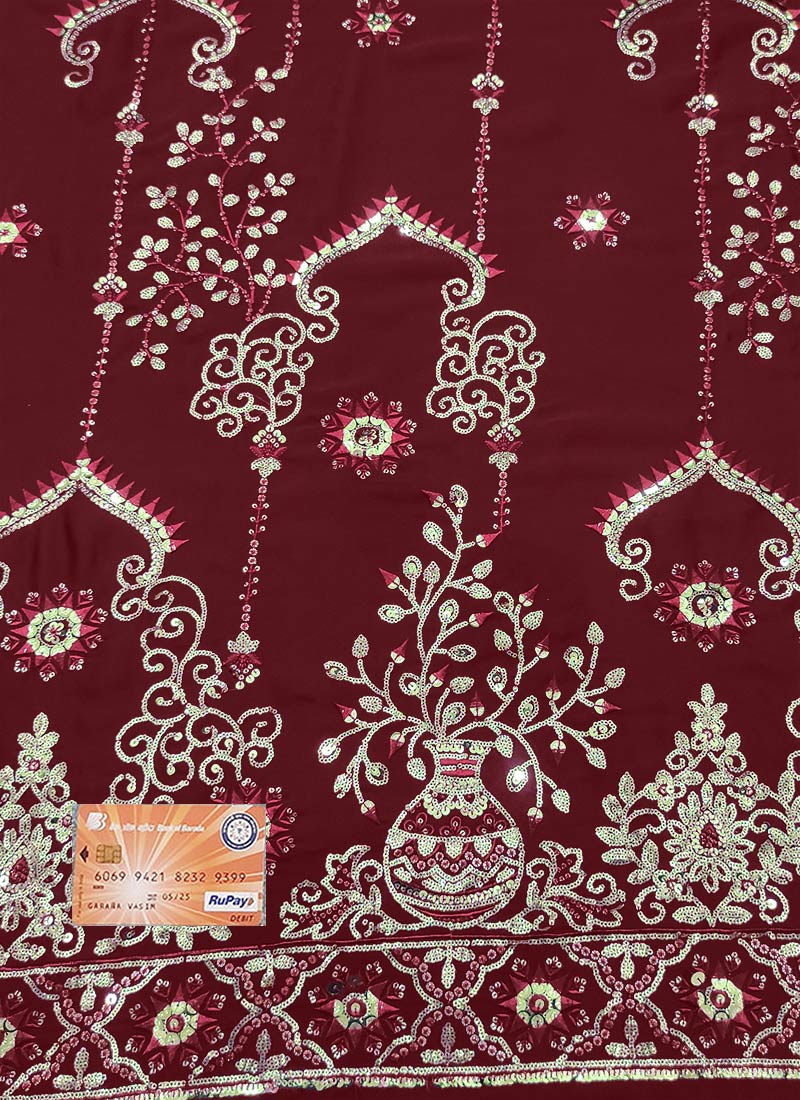 Maroon Rangoli Silk Embroidered Sequins Fabric