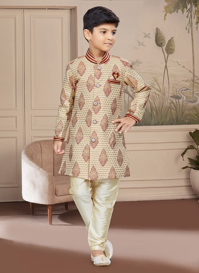 Maroon Art Silk Embroidered Sherwani For Boys Festive Wear