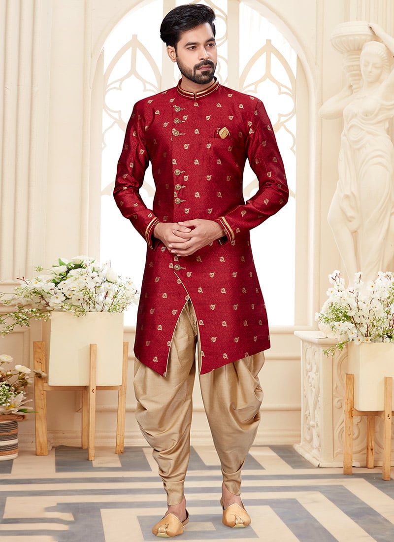 Maroon Art Silk Indowestern Sherwani Wedding Wear
