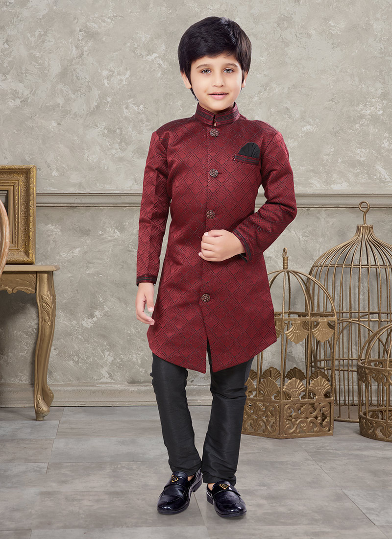 Maroon Art Silk Jacquard Indowestern Sherwani