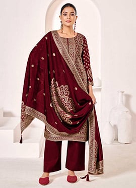 Maroon Art Silk Jacquard Woven Straight Pant Suit