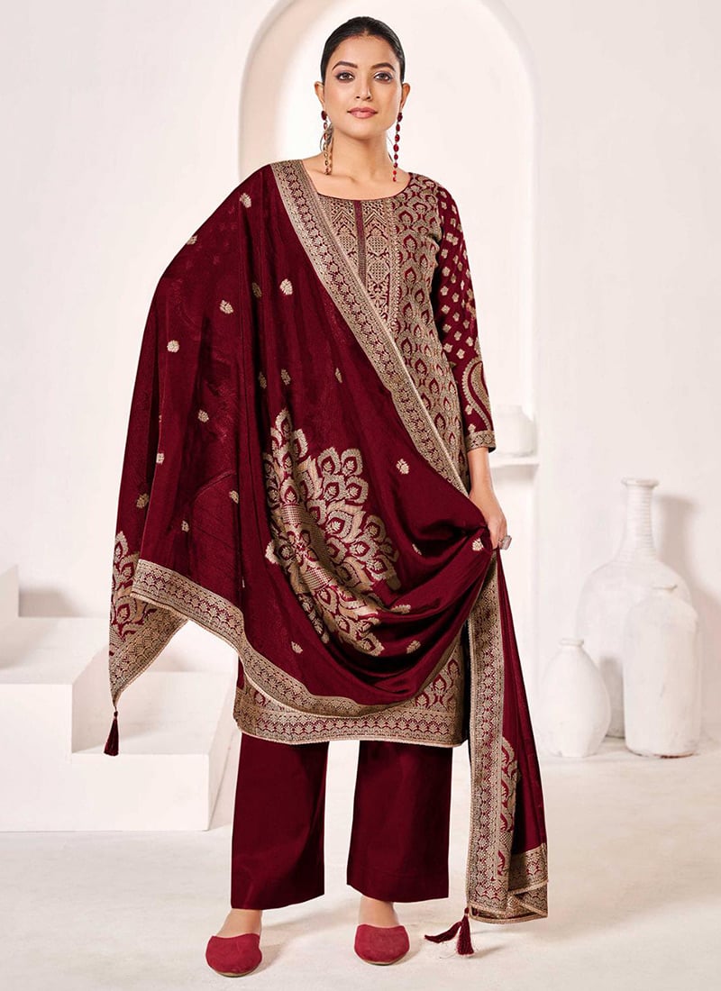 Maroon Art Silk Jacquard Woven Straight Pant Suit Festive Wear