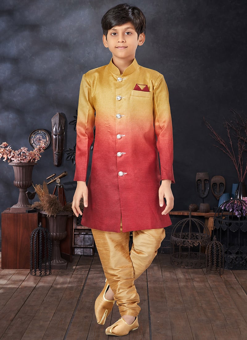 Maroon Art Silk Kids Boys Indowestern Sherwani Party Wear