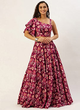 Maroon Art Silk Printed Skirt Set