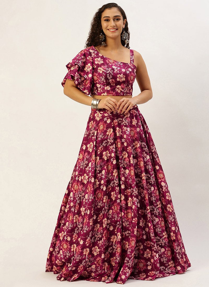 Maroon Art Silk Printed Skirt Set Party Wear