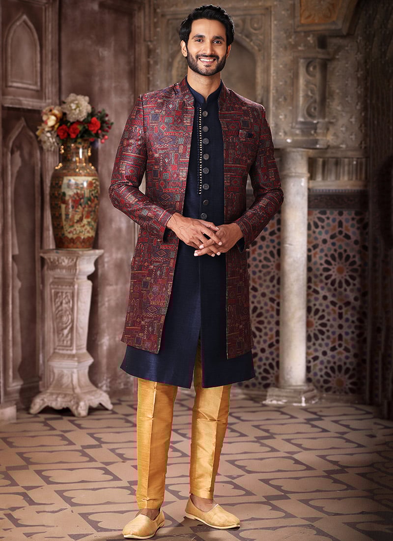 Maroon Art Silk Printed Work Indowestern Sherwani