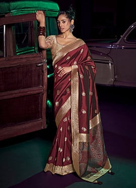 Maroon Art Silk Resham Zari Digital Print Saree