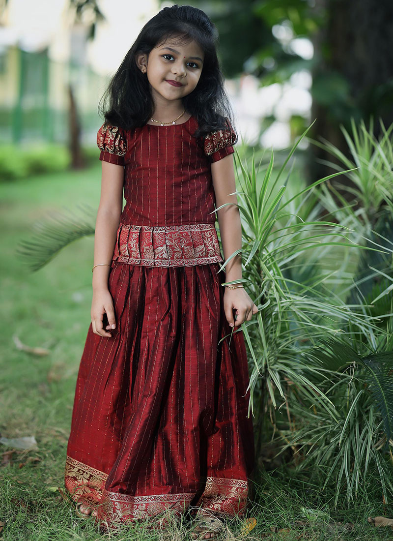 Maroon Art Silk Zari Kids Girls With Round Neck And Half Sleeve Party Wear