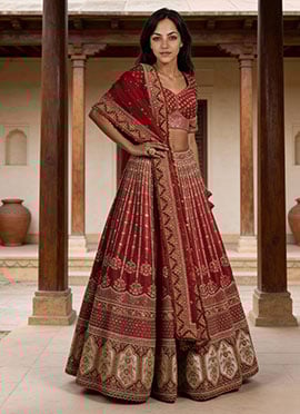 Maroon Art Silk Zari Sequins Embroidered Thread Umbrella Lehenga