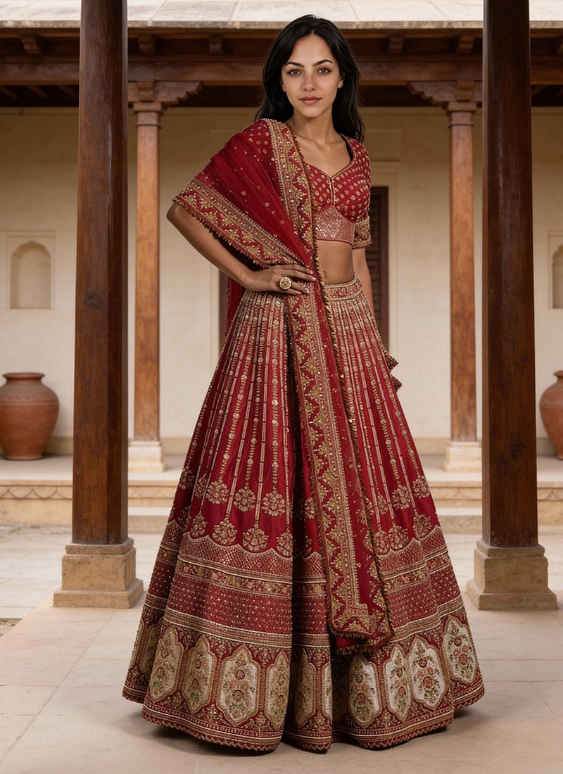 Maroon Art Silk Zari Sequins Embroidered Thread Umbrella Lehenga Wedding Wear