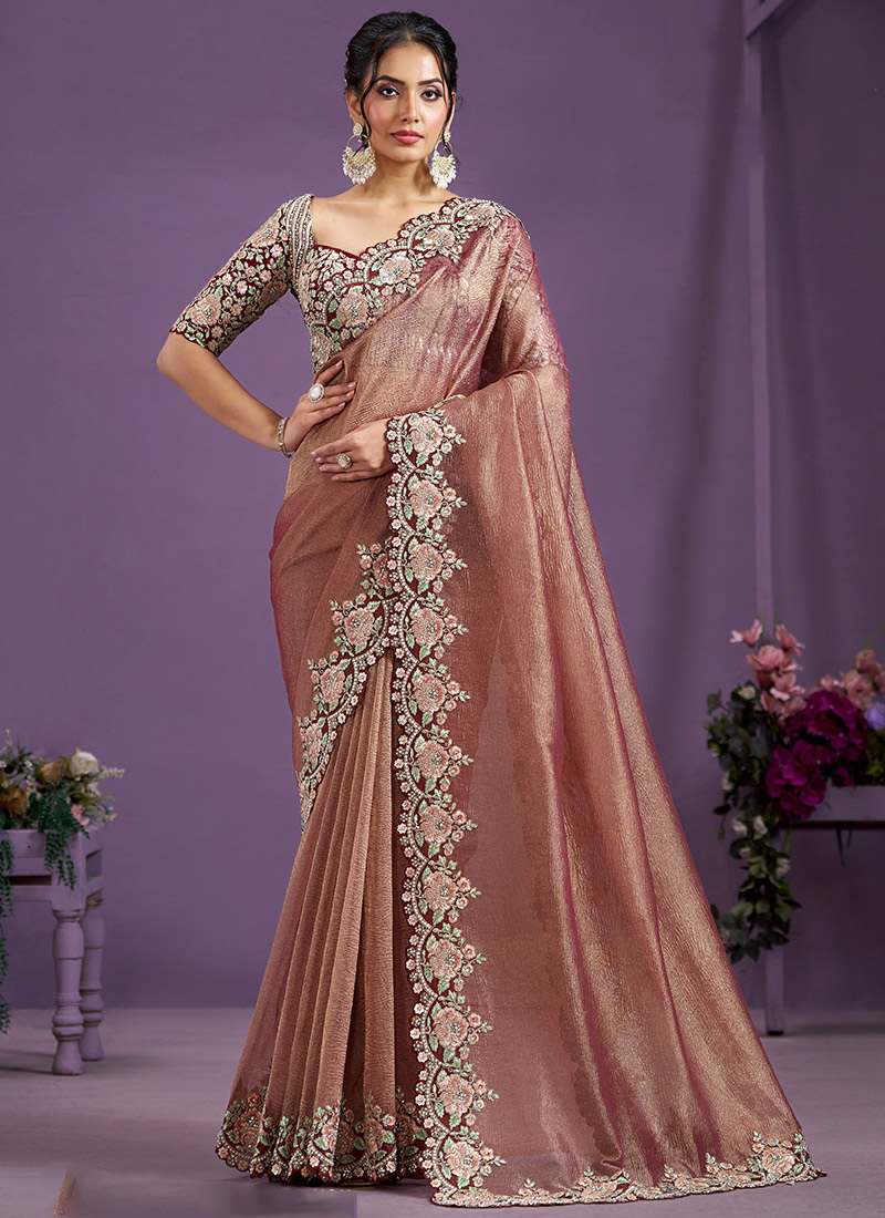Maroon Banarasi Crush Embroidered Stone And Beads Sequins Hand Work Saree Wedding Wear-SASACZ2821