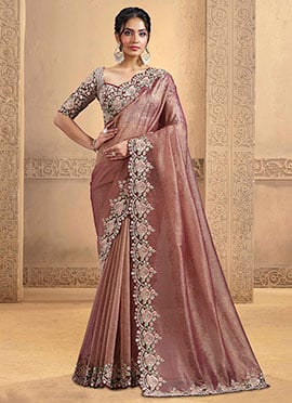 Maroon Banarasi Crush Sequins Moti Embroidered Zari Saree