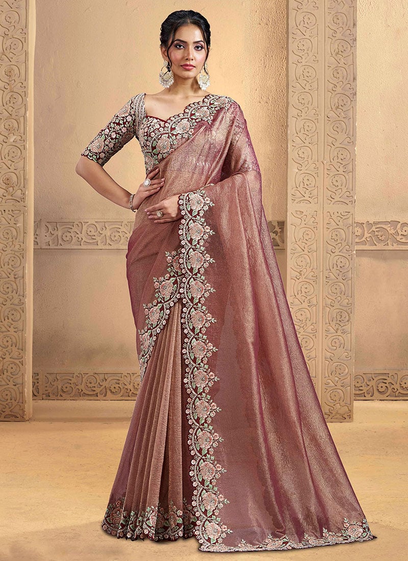 Maroon Banarasi Crush Sequins Moti Embroidered Zari Saree Wedding Wear