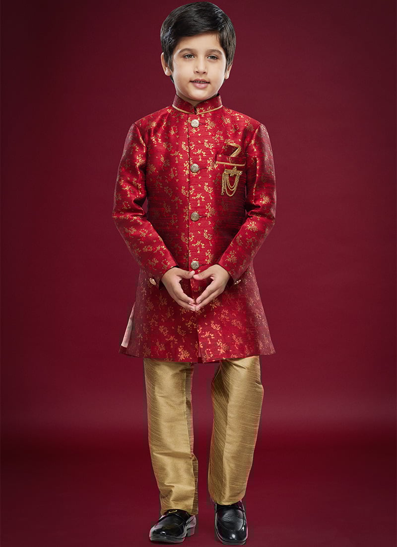 Maroon Banarasi Jacquard Kids Boys Indowestern Sherwani Party Wear