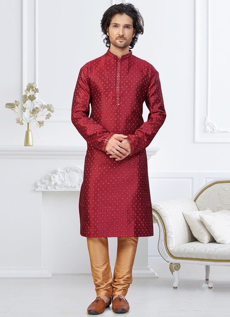 Maroon Banarasi Jacquard Silk Kurta Pyjama Festive Wear