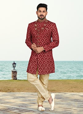 Maroon Banarasi Silk Embroidered Indowestern Sherwani