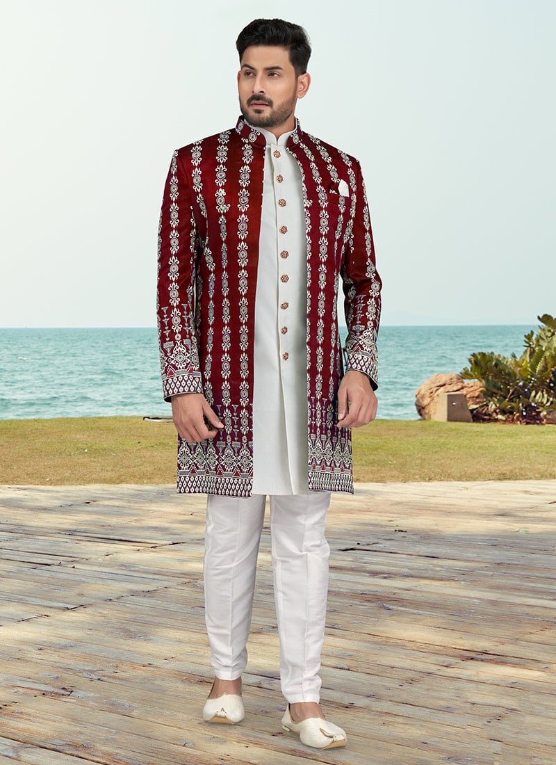 Maroon Banarasi Silk Embroidered Indowestern Sherwani