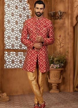 Maroon Banarasi Silk Embroidered Indowestern Sherwani